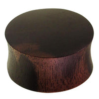 Load image into Gallery viewer, This Holzplug Eisenholz dunkel is a round, dark brown wooden plug with a slightly convex double flared shape and smooth sides, resembling a thick disc.
