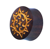 Load image into Gallery viewer, Plug Holz dunkelbraun Lasergravur gold Punkte Spiralen Sonne

