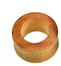 Load image into Gallery viewer, The Jackfrucht Holz Tunnel ocker Pünktchen konvex dick is a cylindrical ring with a smooth surface, made from layered wood in a brown ocher shade with dotted accents, and features a wide central hole and convex thick design.
