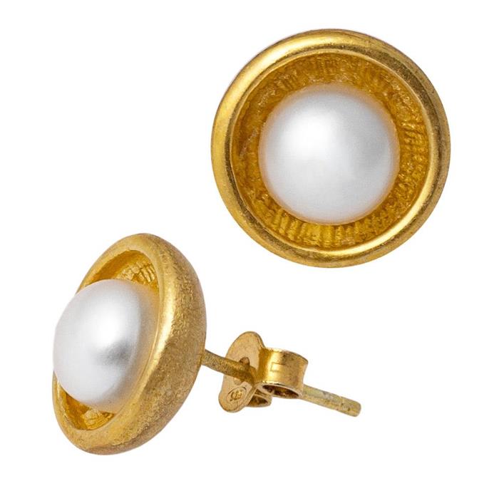Ohrstecker vergoldet Perle 925er Silber Kelch Rillen gebürstet 12 mm Goldschmiedearbeit