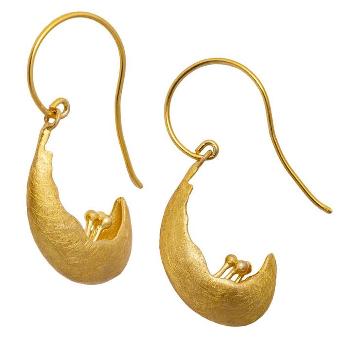 Ohrringe vergoldet Blüten 925 Silber gebürstet plastisch 28mm Goldschmiedearbeit