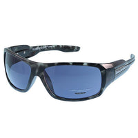 Load image into Gallery viewer, Black and gray marbled Sonnenbrille Herren Sportbrille Fahrradbrille eckig with dark blue 400UV lenses, subtle wing logo on the left lens, decorative wing detail on temples, and ELEMENT EIGHT inscribed inside the arm.
