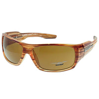 Load image into Gallery viewer, Sonnenbrille Herren Sportbrille Fahrradbrille eckig mit braunem Wraparound-Design, bernsteinfarbenen rechteckigen Gläsern, Holzmaserung-Rahmen und metallischem Wing-Logo. Bietet UV 400 Schutz; Modellinfos sind innen am Rahmen angegeben.
