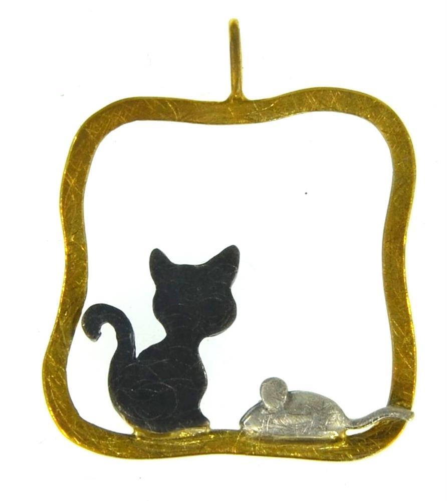 Anhänger Silber 925 vergoldet schwarz Katze Maus