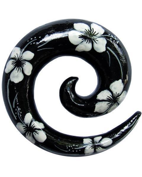 Expander Spirale Piercing Holz handbemalt weiß schwarz Blumen Hawai Unisex Plug Tunnel Ohrhänger Ohrstecker