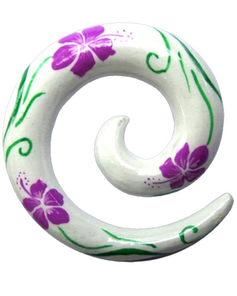 Bunte expander, Fake piercing aus Holz Handbemalt, weiß grün lila Blumenmuster, 4mm, Plug, Tunnel, Ohrhänger, Ohrstecker