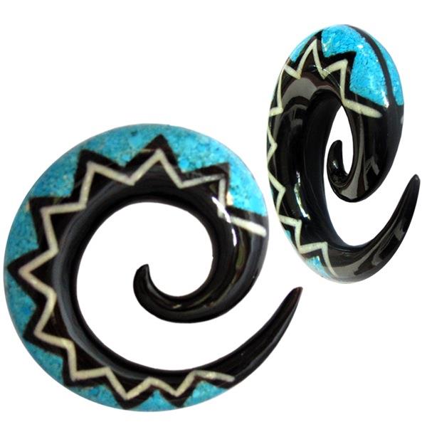 Tribal Buffalo Horn Piercing Expander- schwarze Spirale mit türkisfarbenem Zickzackmuster aus Achatstein- 8mm