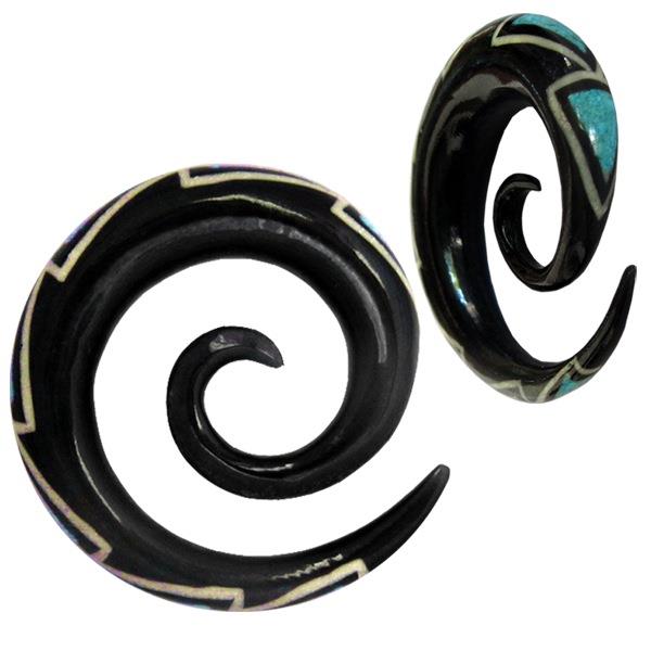 Chic-Net Tribal Horn Piercing Expander- Türkis Inlay Spirale- Ohrring aus Horn- 6mm- schwarz-weiß-türkis- Plug- Tunnel- Ohrhänger- Ohrstecker