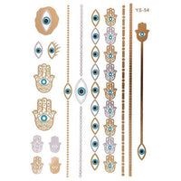 Load image into Gallery viewer, Tattoo Motivbogen golden silbern türkis temporär Auge Fatima Klebetattoos Khamsa Tattoos
