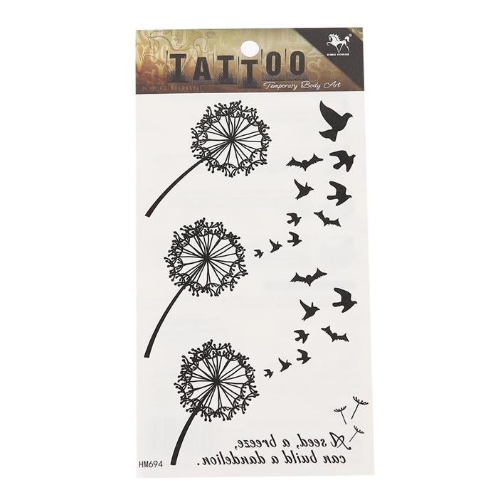 Tattoo schwarz Pusteblumen fliegende Schwalben, Spruch temporär Klebetattoos