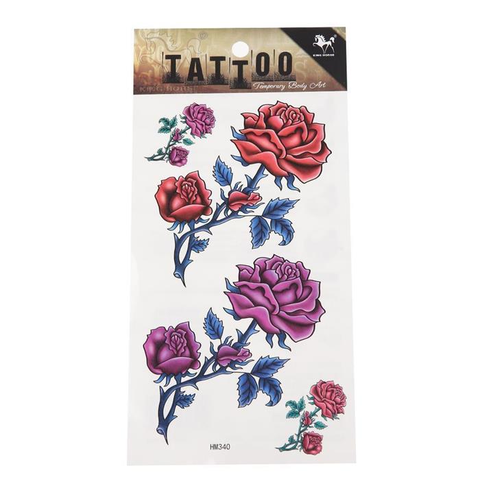 Klebetattoo Rosen Blüten rot lila Stiel Blätter blau Dornen 4 Motive 1 Bogen