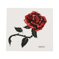 Cargar imagen en el visor de la galería, Tattoo Rose klein Blüte rot Stiel Dornen Blätter dunkelgrün einzeln 1 Bogen
