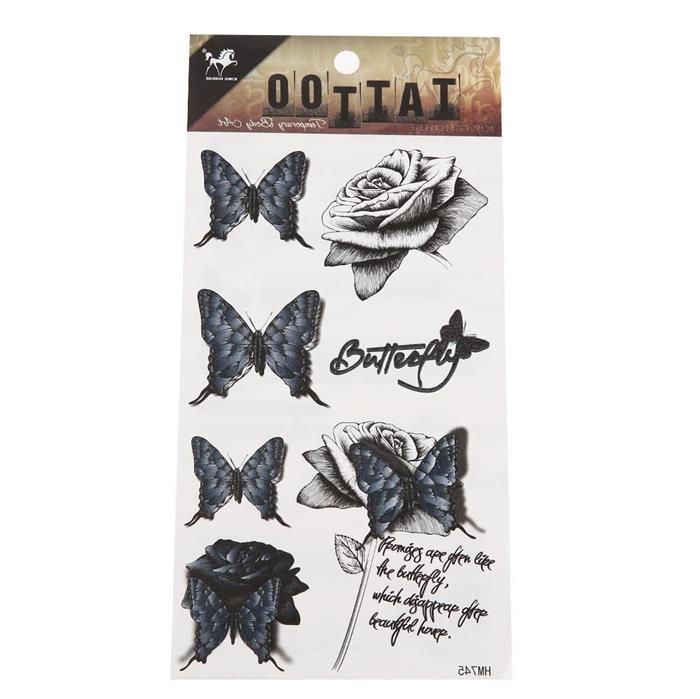 Klebetattoo Vintage Style Schmetterlinge blau Rose schwarz weiß 8 Motive 1 Bogen