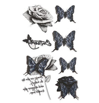 Load image into Gallery viewer, Klebetattoo Vintage Style Schmetterlinge blau Rose schwarz weiß 8 Motive 1 Bogen
