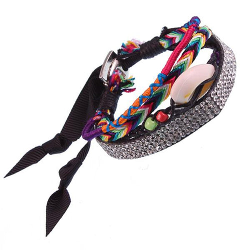 Armband Stoffband Muschel Glaskristalle handgefädelt Brass 37 cm Ibiza Hippie Style