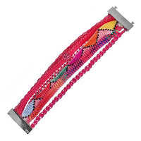 Load image into Gallery viewer, A vibrant Armband for women in Ibiza Hippie style, handgefädelt from Kunstseide, brass, cotton, and pink Perlen. Features multi-strands with a central geometric woven pattern and silver-tone Magnetverschluss; 19 cm length.
