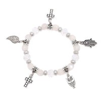 Cargar imagen en el visor de la galería, Brass Charm Armband silbern weiß Kristall Stein Perlen Kreuz Khamsa Blatt verstellbar
