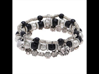 Load image into Gallery viewer, Brass Armband silbern dreilagig Elefant Herz Rosen schwarz Steinperlen verstellbar
