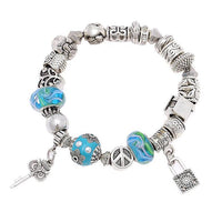 Cargar imagen en el visor de la galería, White Brass Perlen Armband Glas Emaille Blume türkis grün Eule Schlüssel verstellbar
