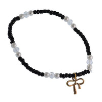 Load image into Gallery viewer, Brass golden schwarz weiß Perlen Kristalle Schleife Charm Armband verstellbar

