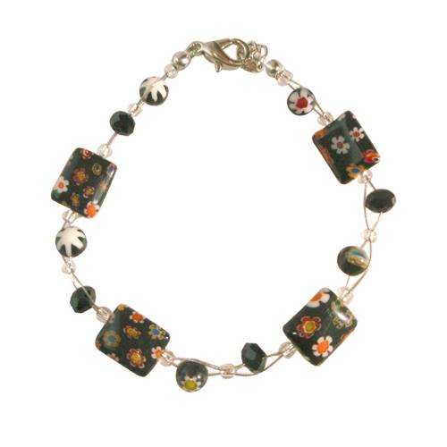 Muranoglas Glasperlen Glitzer Perlen Armband Blumen schwarz Rechtecke Damen Schmuck 18-20 cm