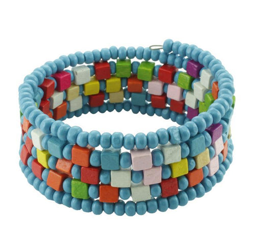 Holzarmreif Armreif Holzarmband Armband Holz Damen Schmuck Holzperlen Perlen Spirale blau bunt eckig