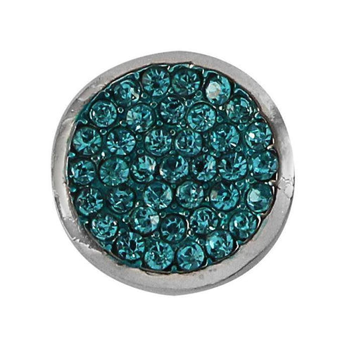 A round silver Chunks Glaskristall Glitzer Button features a cluster of small teal glass crystals set closely together in the center, perfect for Click Button leather bracelets and made of stainless steel.