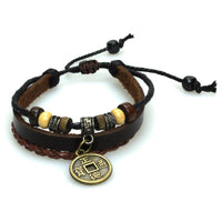 Load image into Gallery viewer, Lederarmband Münze asiatisch Surfer Band geflochten Seil Holz Brass Perlen verstellbar Leder

