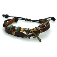 Cargar imagen en el visor de la galería, Surfer Lederarmband Stern Kreuz braun grün Band Brass Holz geflochten verstellbar Leder Perlen
