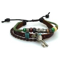 Cargar imagen en el visor de la galería, Surfer Lederarmband Blume Perlen Schlüssel Band Brass geflochten verstellbar Leder grün blau
