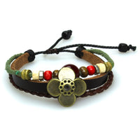 Cargar imagen en el visor de la galería, Surfer Lederarmband Blume Katzenauge rot Band Brass geflochten verstellbar Holz Leder Perlen
