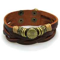 Cargar imagen en el visor de la galería, Surfer Lederarmband Blume Ringe geflochten braun Brass Schnur verstellbar Leder breit nickelfrei
