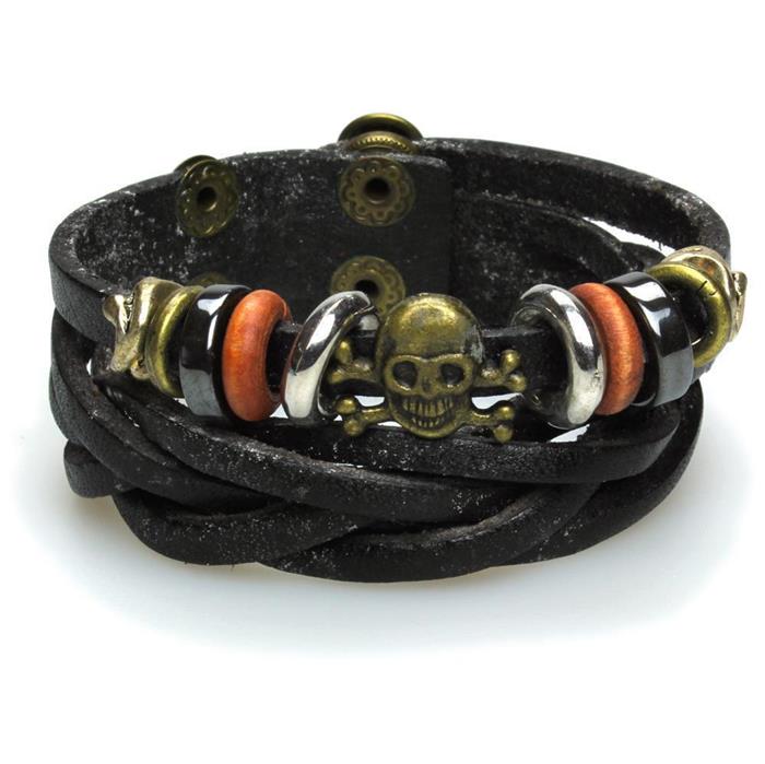 Surfer Lederarmband Totenkopf Ringe geflochten Brass schwarz verstellbar Leder breit nickelfrei