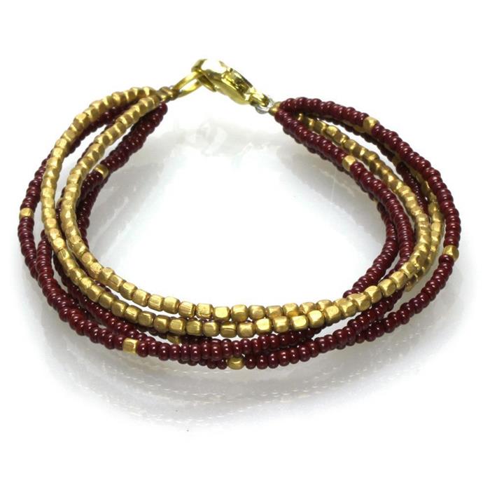Messing Armband mehrlagig golden eckig rotbraun nickelfrei Perlen antik Tribal 17,8 cm Karabiner