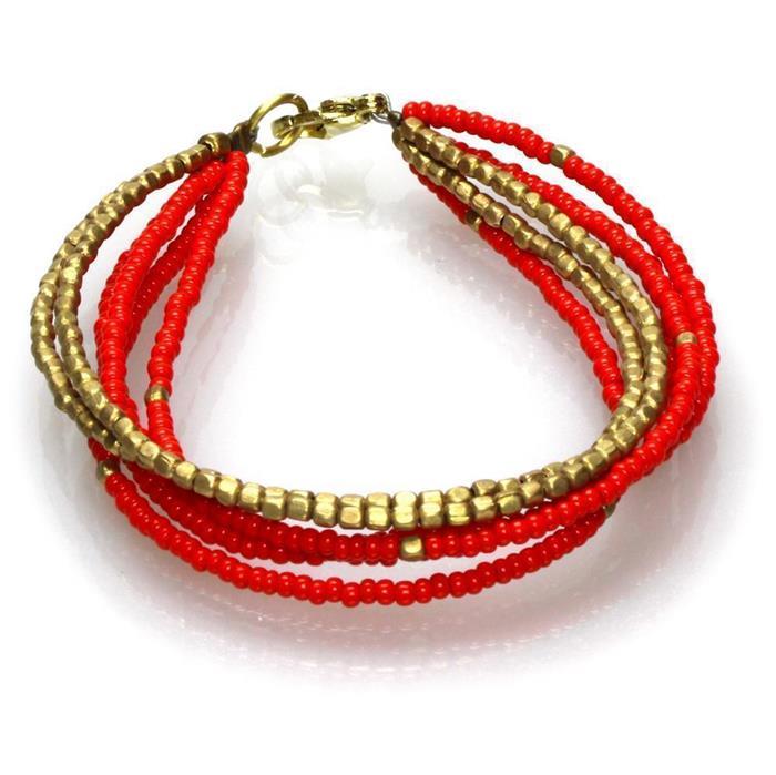 Messing Armband mehrlagig golden eckig rot nickelfrei Perlen antik Tribal 17,8 cm Karabiner