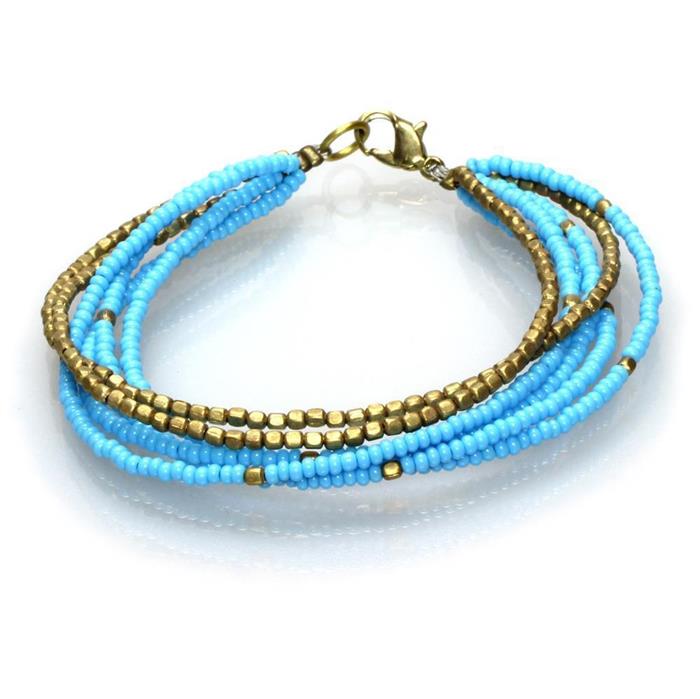 Messing Armband mehrlagig golden eckig hellblau nickelfrei Perlen antik Tribal 17,8 cm Karabiner