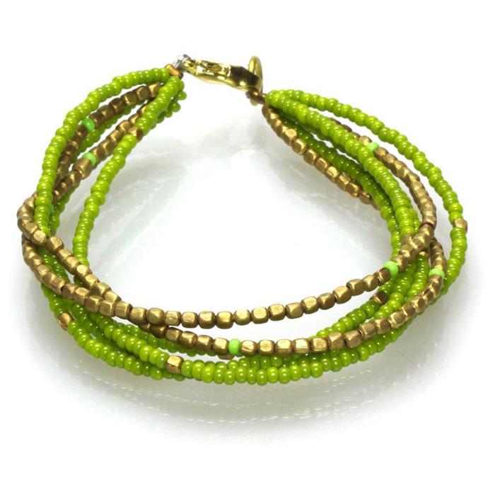 Messing Armband mehrlagig golden eckig grün nickelfrei Perlen antik Tribal 17,8 cm Karabiner