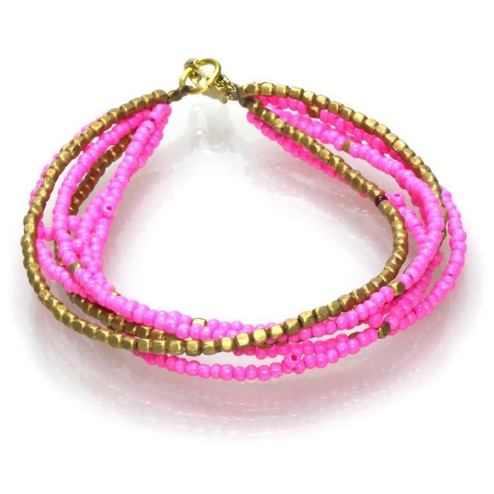 Messing Armband mehrlagig golden eckig rosa nickelfrei Perlen antik Tribal 17,8 cm Karabiner