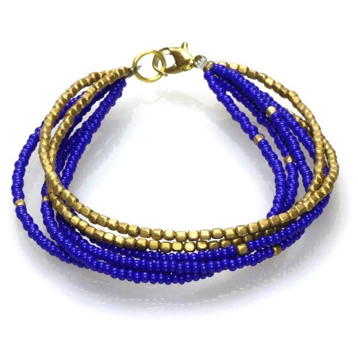 Messing Armband mehrlagig golden eckig blau nickelfrei Perlen antik Tribal 17,8 cm Karabiner
