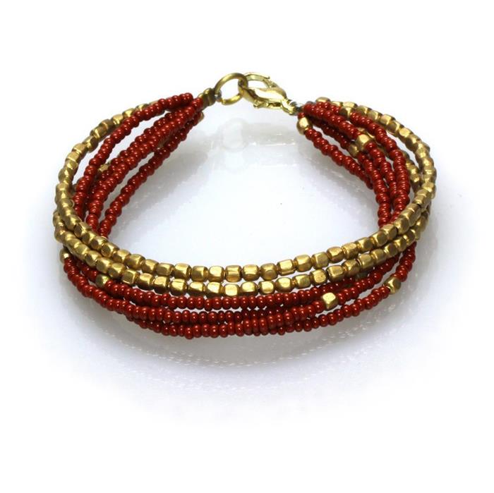 Messing Armband mehrlagig golden eckig braun nickelfrei Perlen antik Tribal 17,8 cm Karabiner
