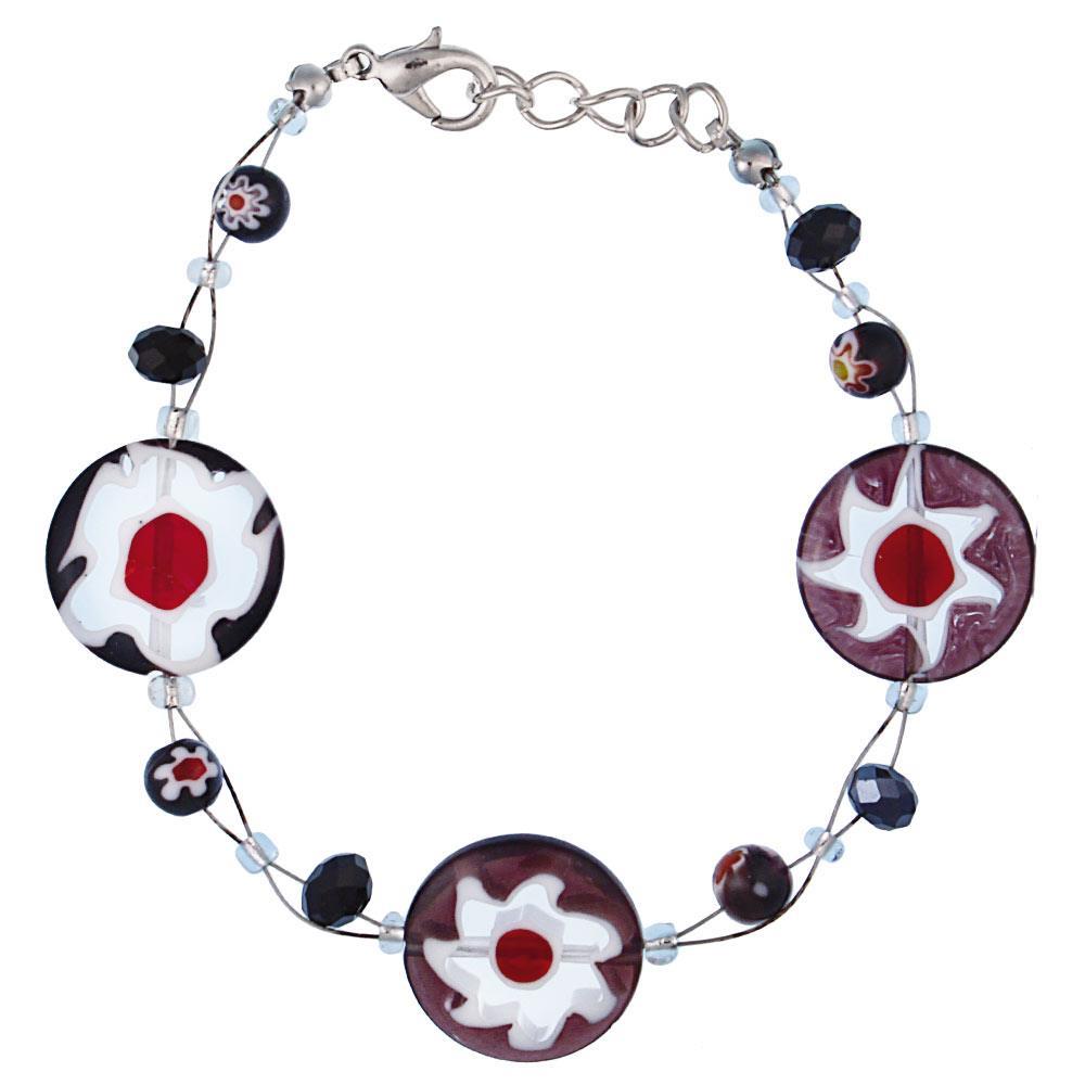 Armband Muranoglas Glasperlen schwarz bunt Blumen Scheiben Perlen 18-20 cm nickelfrei Glitzer