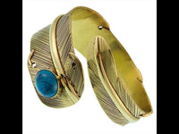 Load image into Gallery viewer, Messing gold Armreif Feder breit oxidiert oval Türkis nickelfrei verstellbar antik Tribal Schmuck
