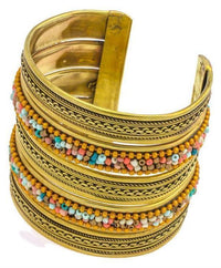 Cargar imagen en el visor de la galería, Messing Armreif gold Perlen Ketten Seile türkis koralle breit nickelfrei verstellbar antik Tribal
