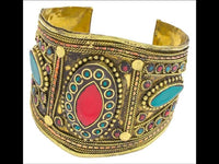 Load image into Gallery viewer, Messing Armreif gold Raute Mandel Seile Türkis Jaspis breit nickelfrei verstellbar antik Tribal
