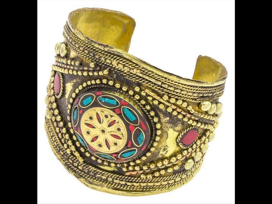 Messing Armreif gold Raute Stern Türkis Jaspis breit nickelfrei verstellbar Perlen antik Tribal