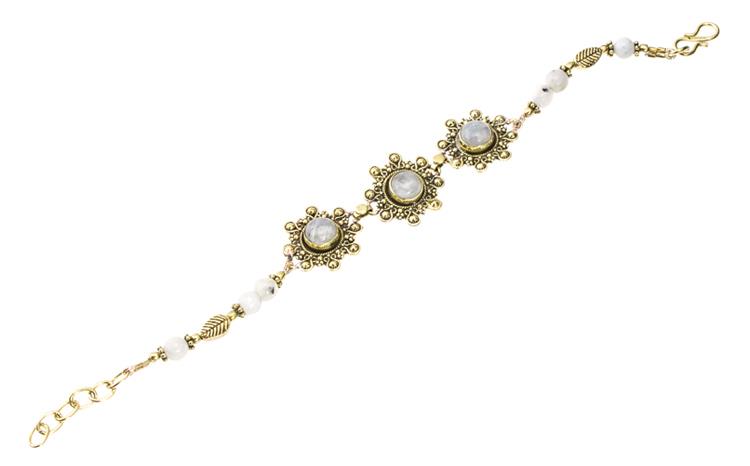 Messing Armband golden Tropfen Blumen Mondstein Blatt rund 18-20,5 cm Perlen