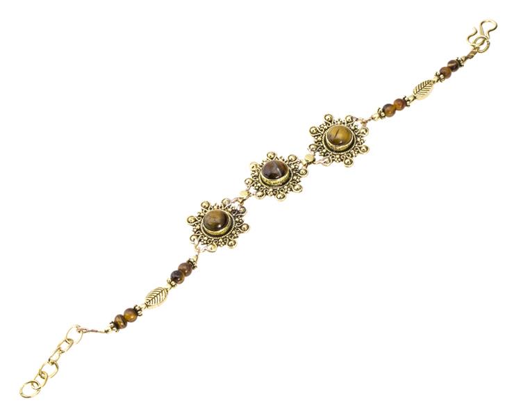 Messing Armband golden Tropfen Blumen Tigerauge Blatt rund 18-20,5 cm Perlen