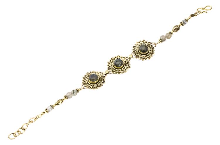 Messing Armband golden Herzen Blumen Labradorit oval rund 18-20,5 cm Perlen