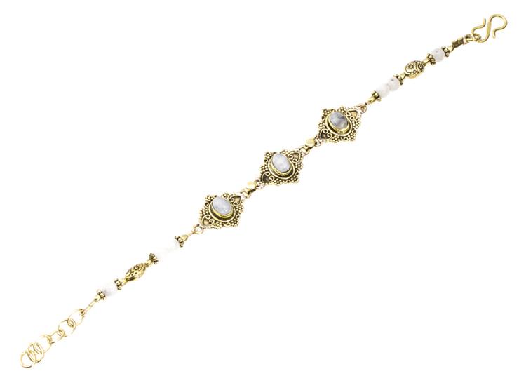 Messing Armband golden oval Raute Herzen Punkte Mondstein rund 17,5-20 cm Perlen