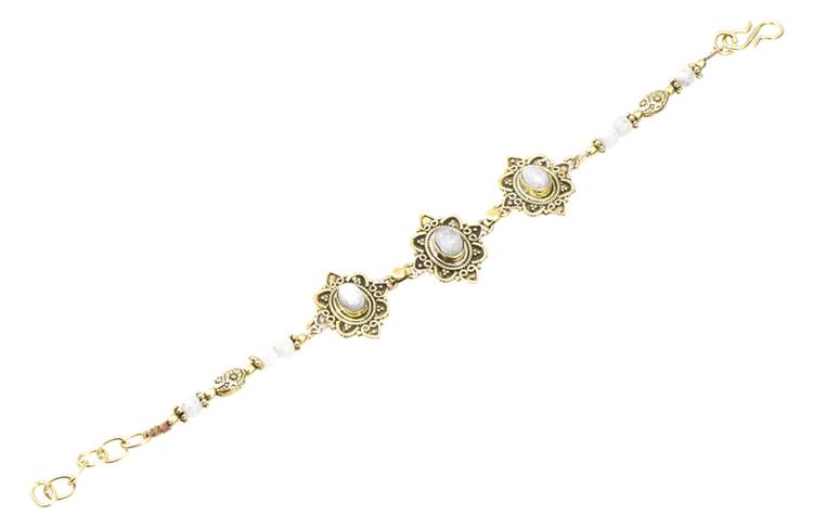 Messing Armband golden oval Raute Herzen Bögen Mondstein rund 18-20,5 cm Perlen